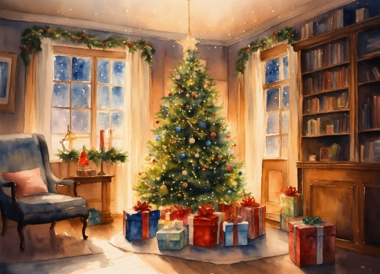 Couple Illustration Free, Christmas Tree, Property, Furniture, Window, Plant