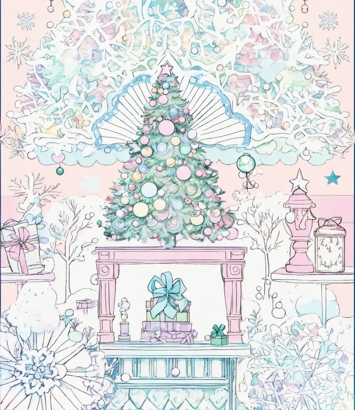 Fairy Illustration, Christmas Tree, White, Pink, Aqua, Line