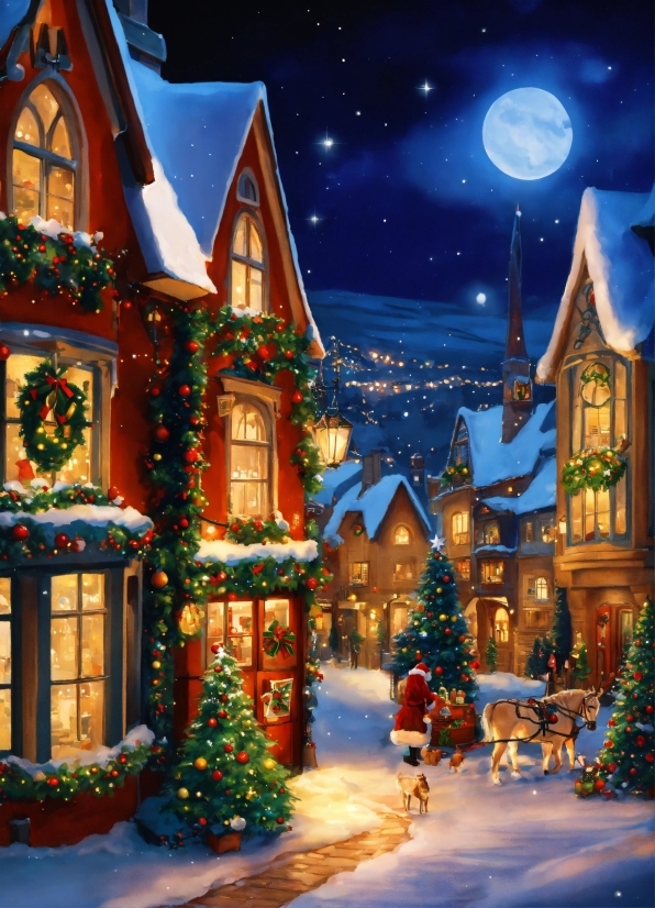 Fantasy Illustration, Christmas Tree, Light, Snow, Building, World