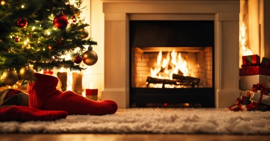 Forest Illustration, Christmas Tree, Wood, Hearth, Fire, Living Room