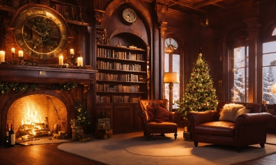 Furniture, Couch, Bookcase, Christmas Tree, Window, Shelf