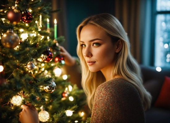 Hair, Christmas Tree, Facial Expression, Christmas Ornament, Flash Photography, Holiday Ornament