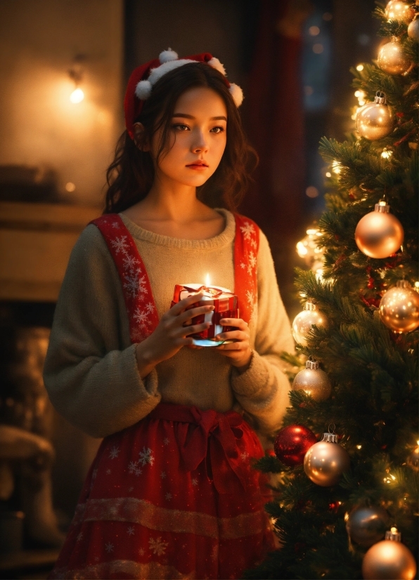 Hairstyle, Christmas Tree, Christmas Ornament, Flash Photography, Standing, Dress