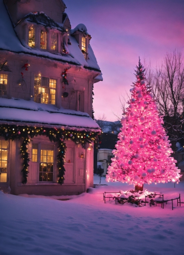 Jenny Saville, Christmas Tree, Sky, Snow, Building, Purple