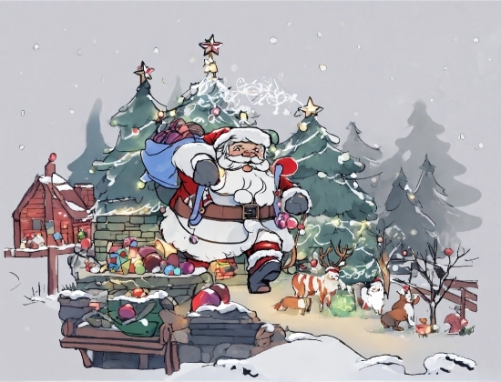 King Illustration, World, Christmas Tree, Santa Claus, Cartoon, Sky