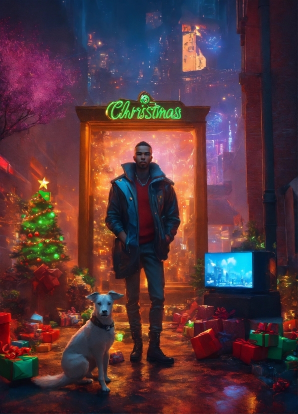 Light, Christmas Tree, Window, Dog, Lighting, Fun