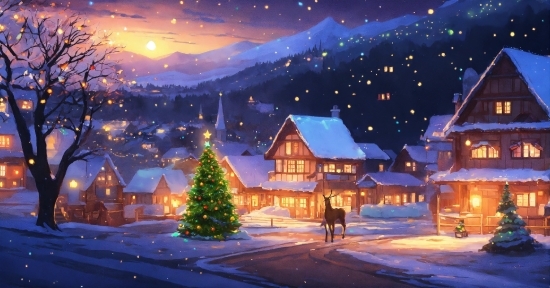 Metaverse Illustration, Snow, Christmas Tree, Sky, Building, Light