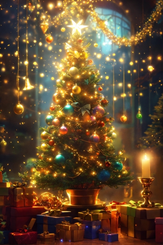 Most Beautiful Painting In The World, Christmas Tree, Christmas Ornament, Light, Sky, Branch