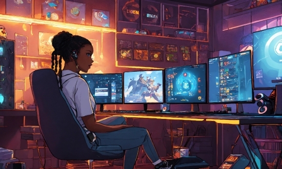 Night Illustration, Computer, Personal Computer, Chair, Broadcasting, Television Studio