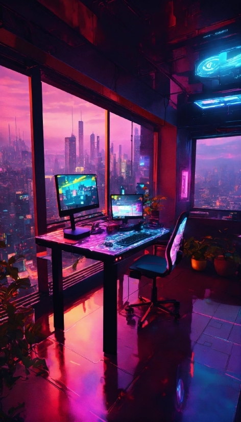 Phoenix Illustration, Computer, Table, Purple, Personal Computer, Building