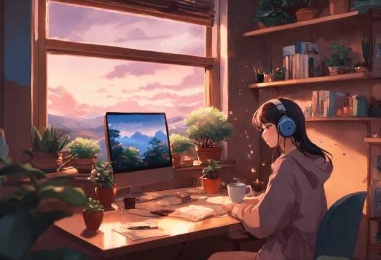 Plant, Table, Picture Frame, Window, Cloud, Houseplant