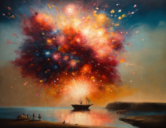 Red And Blue Poster, Sky, Atmosphere, Boat, Fireworks, Water