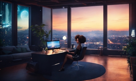 Sky, Window, Furniture, Building, Computer, Table