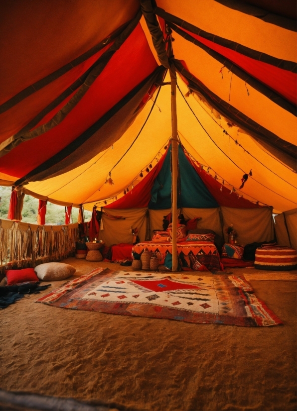 Stock Photo Of A Woman, Tent, Orange, Shade, Wood, Tarpaulin