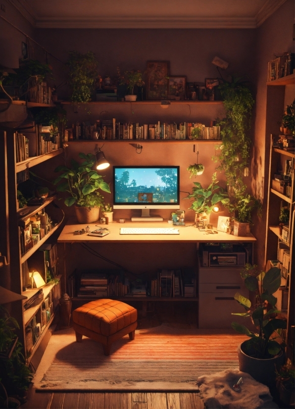 Stock Photo Secrets, Plant, Personal Computer, Shelf, Computer, Bookcase