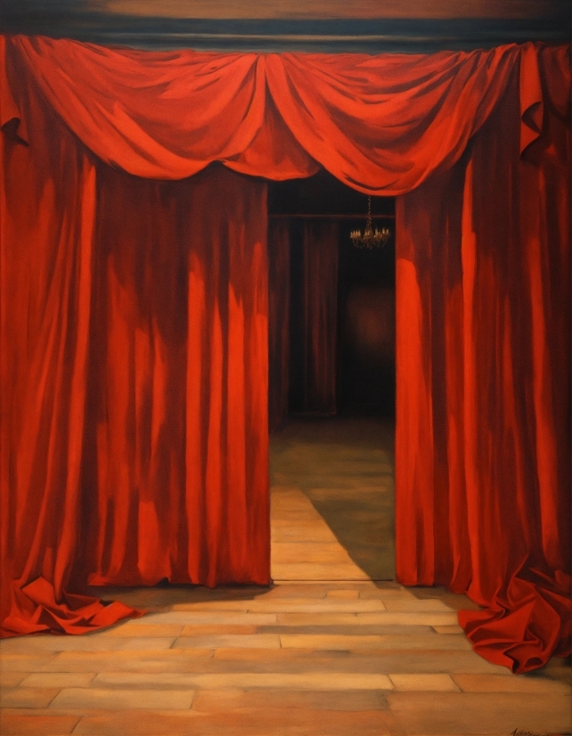 Dall E Generated Images, Theater Curtain, Curtain, Textile, Orange, Stage Is Empty