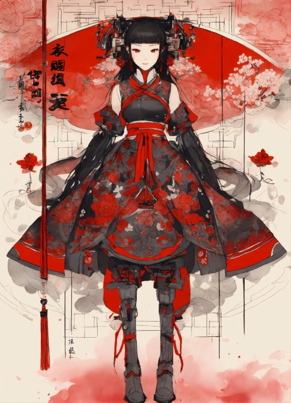 Free Line Illustrations, Red, Art, Painting, Black Hair, Fashion Design