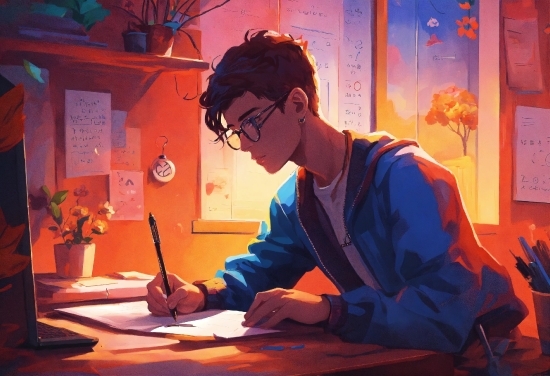 Glasses, Table, Orange, Desk, Plant, Artist