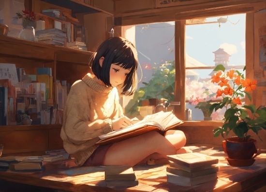 Plant, Flower, Flowerpot, Window, Houseplant, Book