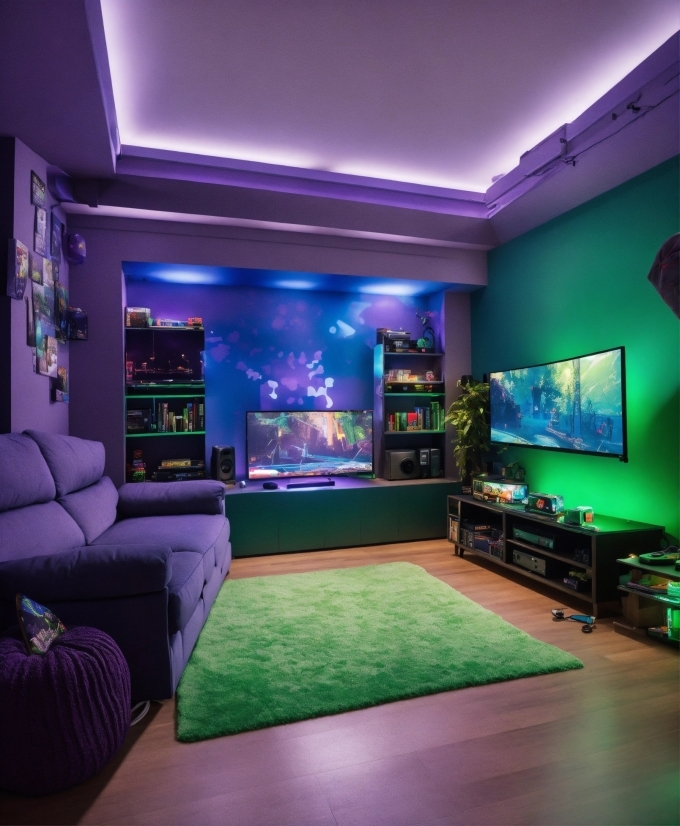 Realistic Photo Generator, Couch, Furniture, Television, Green, Purple