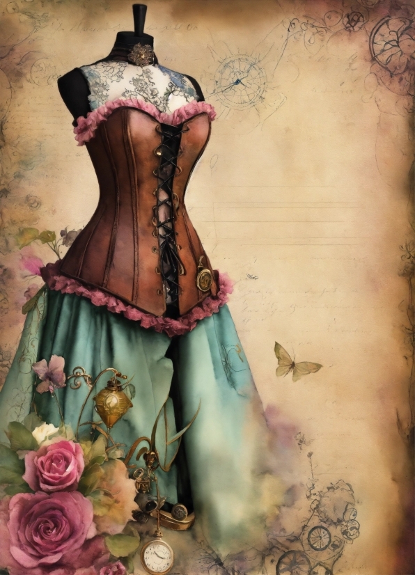 Traditional Illustration, Flower, One-piece Garment, Sleeve, Waist, Victorian Fashion