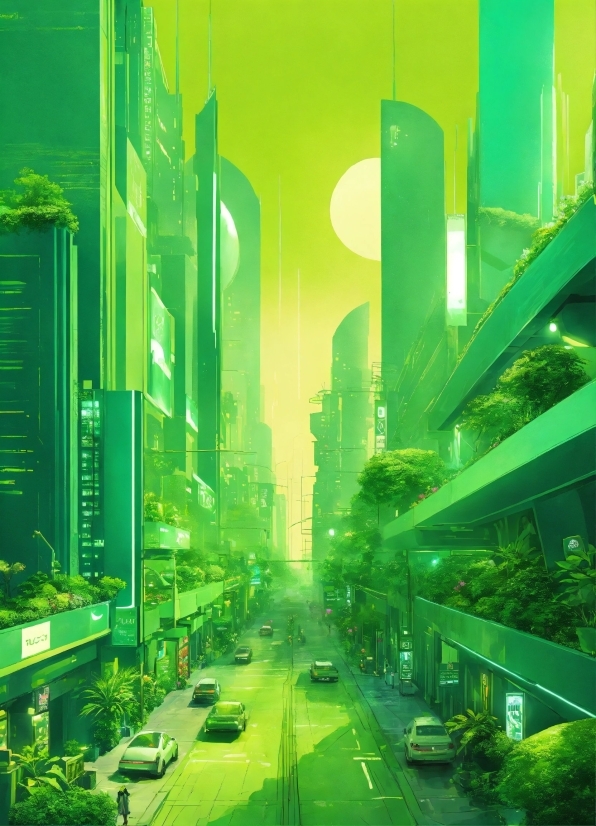 Ai 3d Art, Building, Skyscraper, Green, Car, Plant