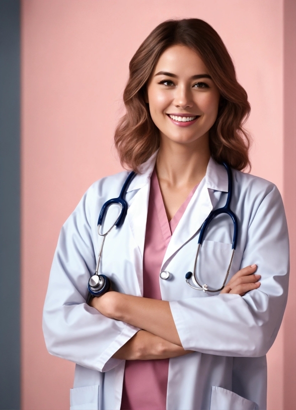 Smile, White Coat, Sleeve, Gesture, Collar, Stethoscope