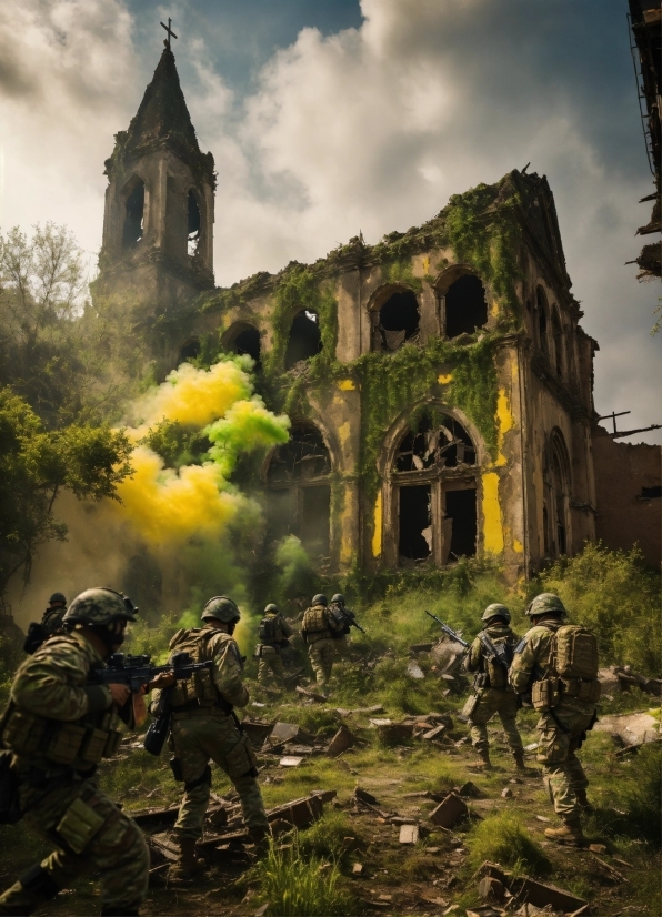 Cloud, Sky, Plant, Building, Vegetation, Military Camouflage