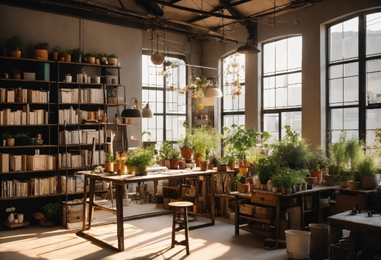 Table, Plant, Furniture, Window, Shelf, Bookcase