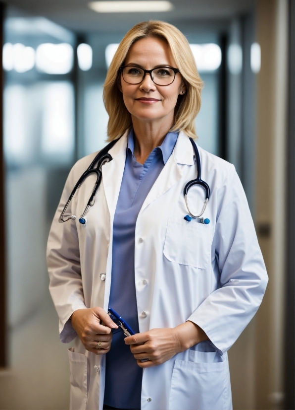 Glasses, Smile, White Coat, Health Care, Sleeve, Stethoscope