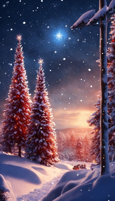 Image Retouching, Christmas Tree, Sky, Snow, Plant, Light