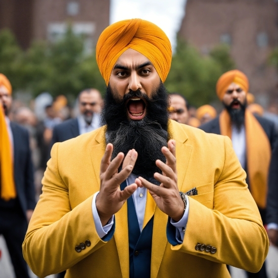 Microphone, Beard, Human, Dastar, Orange, Gesture