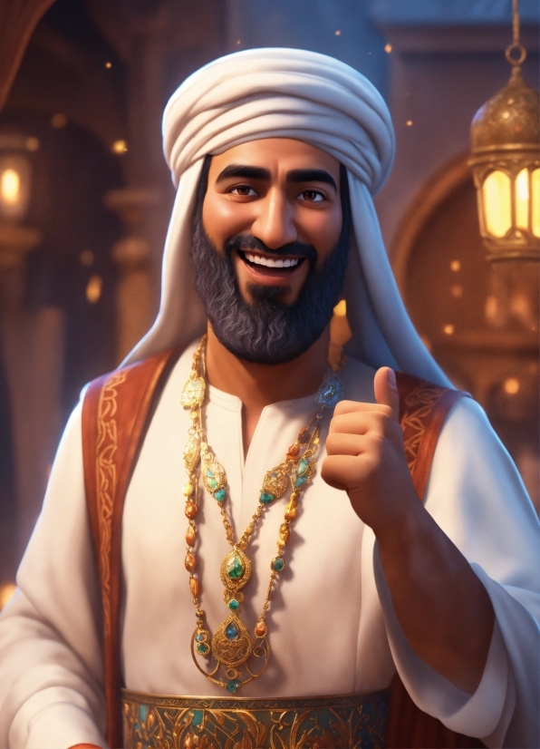 Smile, Hand, Hairstyle, Beard, Temple, Turban