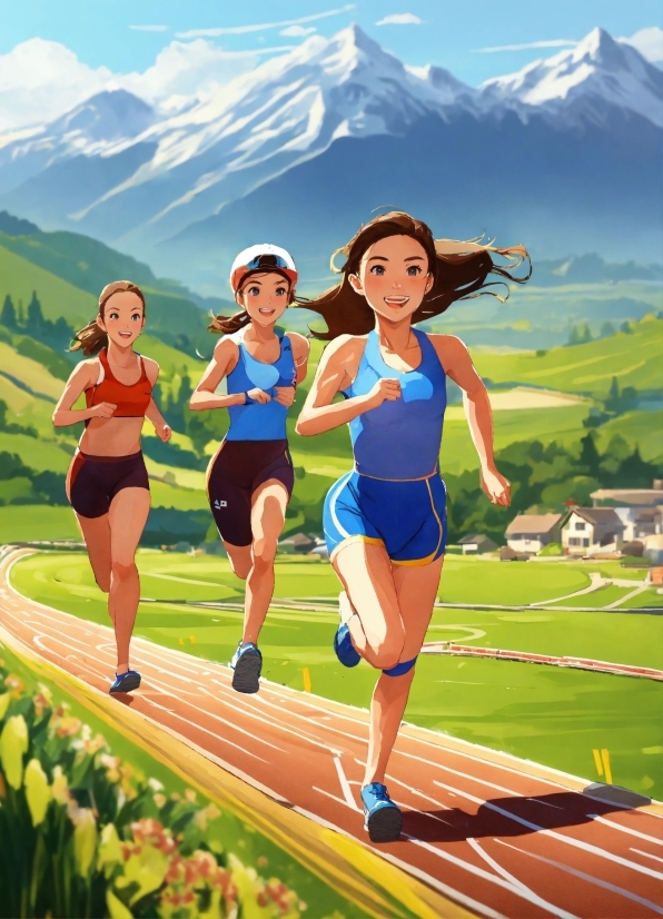 Anime Scenery Background, Sky, Mountain, Shorts, Track And Field Athletics, People In Nature