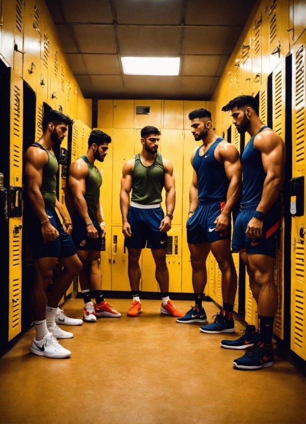 Footwear, Shorts, Shoe, Sports Uniform, Yellow, Bodybuilding