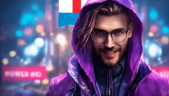 Glasses, Outerwear, Vision Care, Purple, Beard, Smile